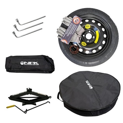 441447 SPARE SET R015 Reservehjul 115/70-15, Stål 4x15, 4x100.00 CB54, Inkl. donkraft, hjulnøgle, adapter, handsker og elastik. Alt i en taske. Spare Wheel Kit